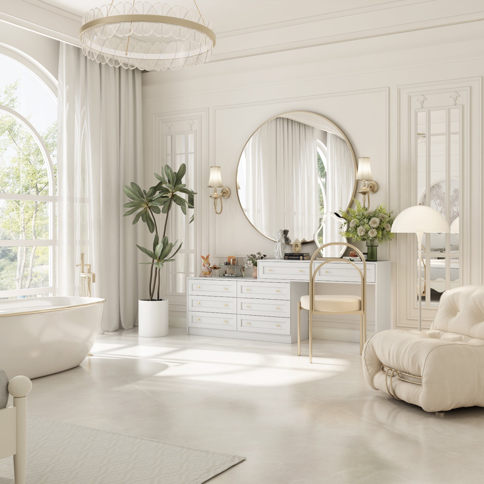 White Dresser and Vanity Versatile Storage Solution Crystal Desk