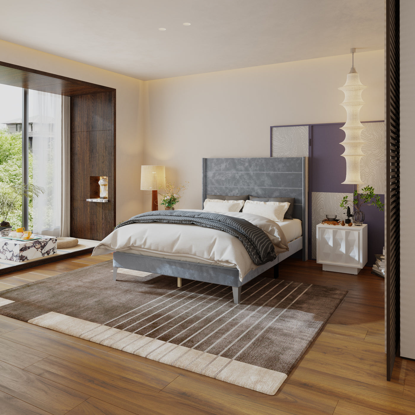 63.8" Simplistic Gray Platform Bed with Solid Wood Legs