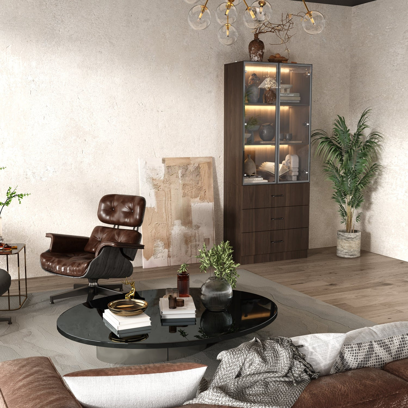 Geyma 31.5" Modern Brown Display Cabinet with Glass Doors, LED Lights and 3 Drawers