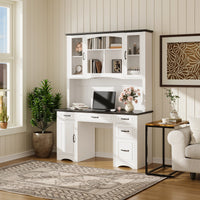58" Farmhouse White Computer Desk With 6 Drawers, Hutch And Socket