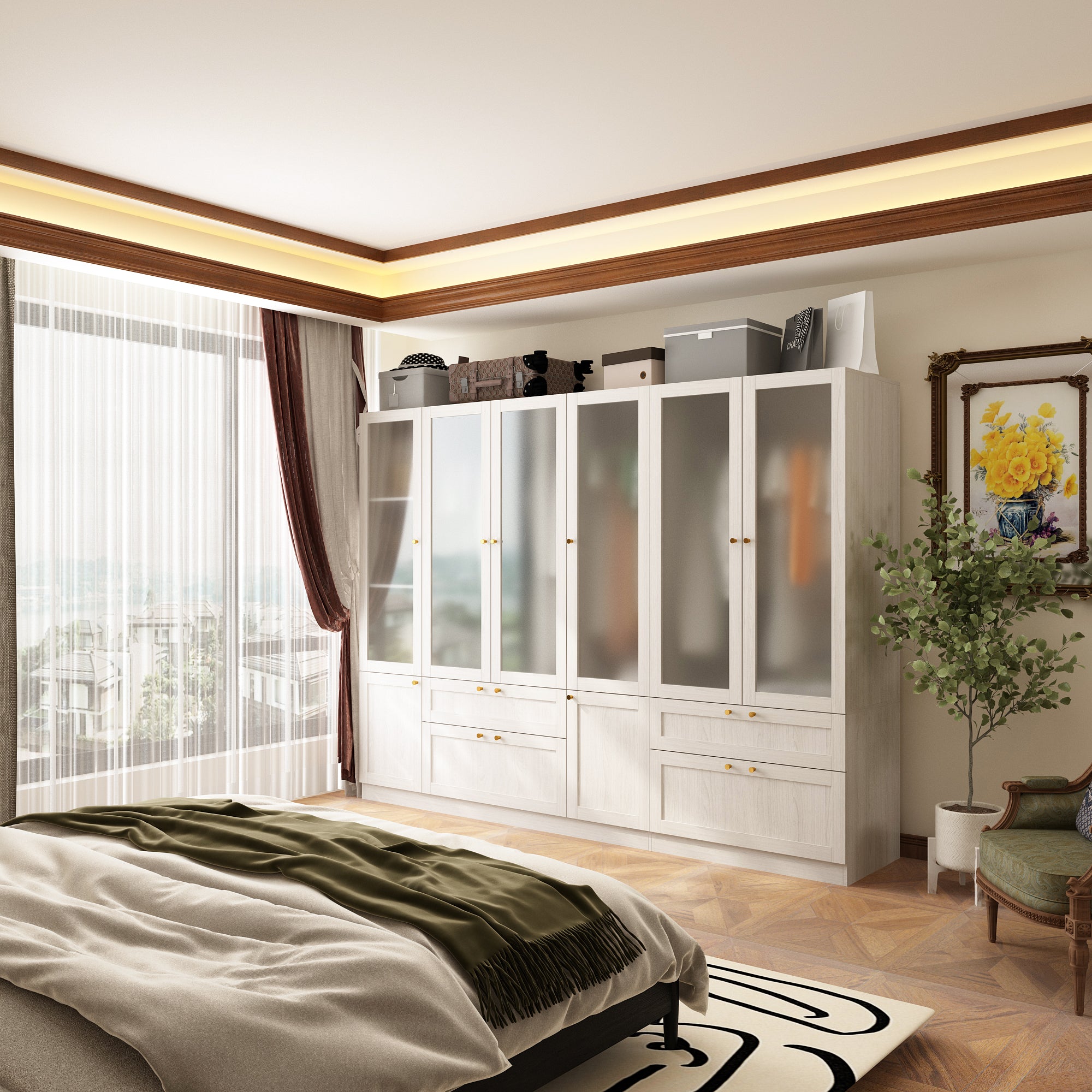 Elegant Multi-Compartment Wardrobe with Frosted Glass Doors & Ample Storage