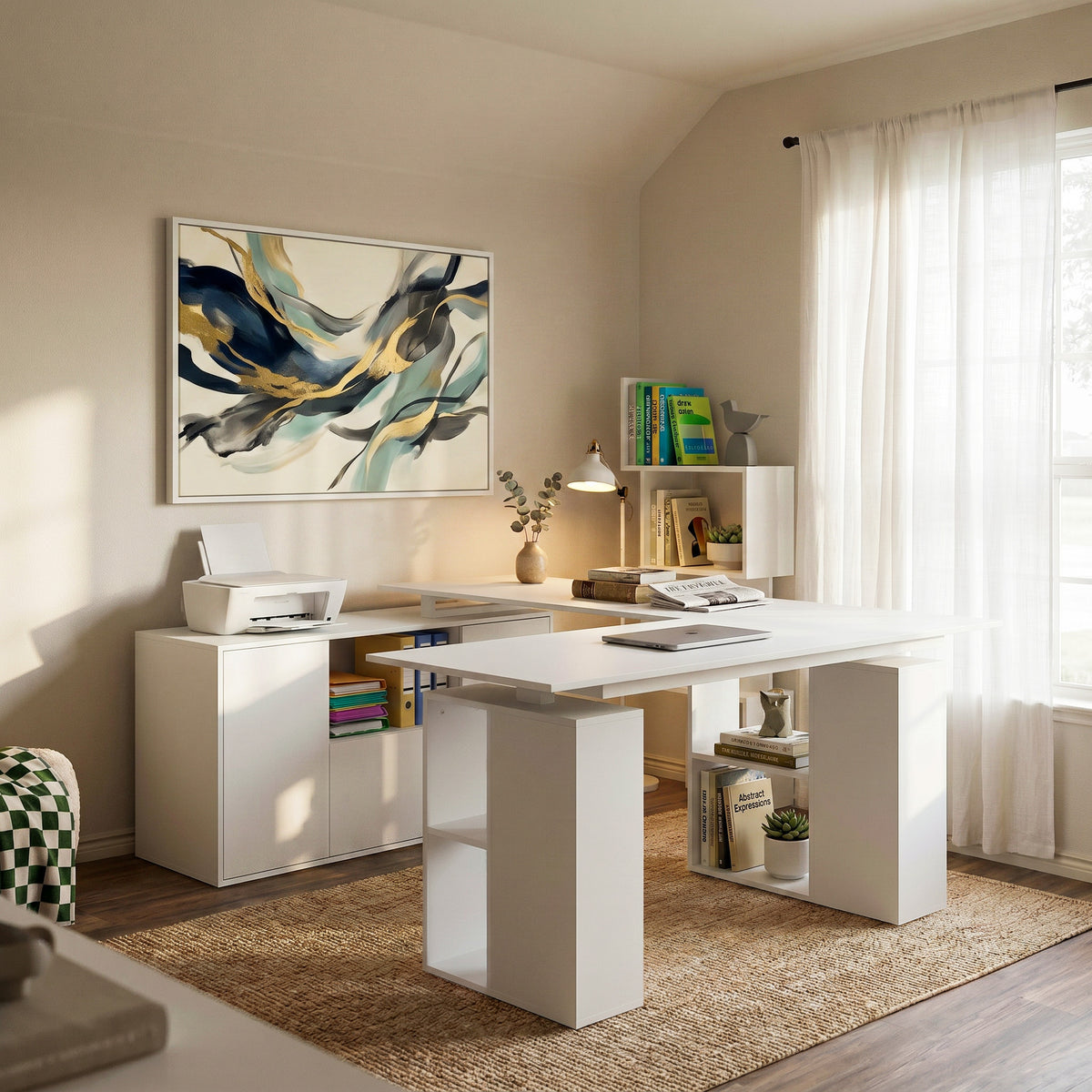 63" Modern White U-Shaped Standing Desk with 3 Memory Presets, Drawer and Open Storage