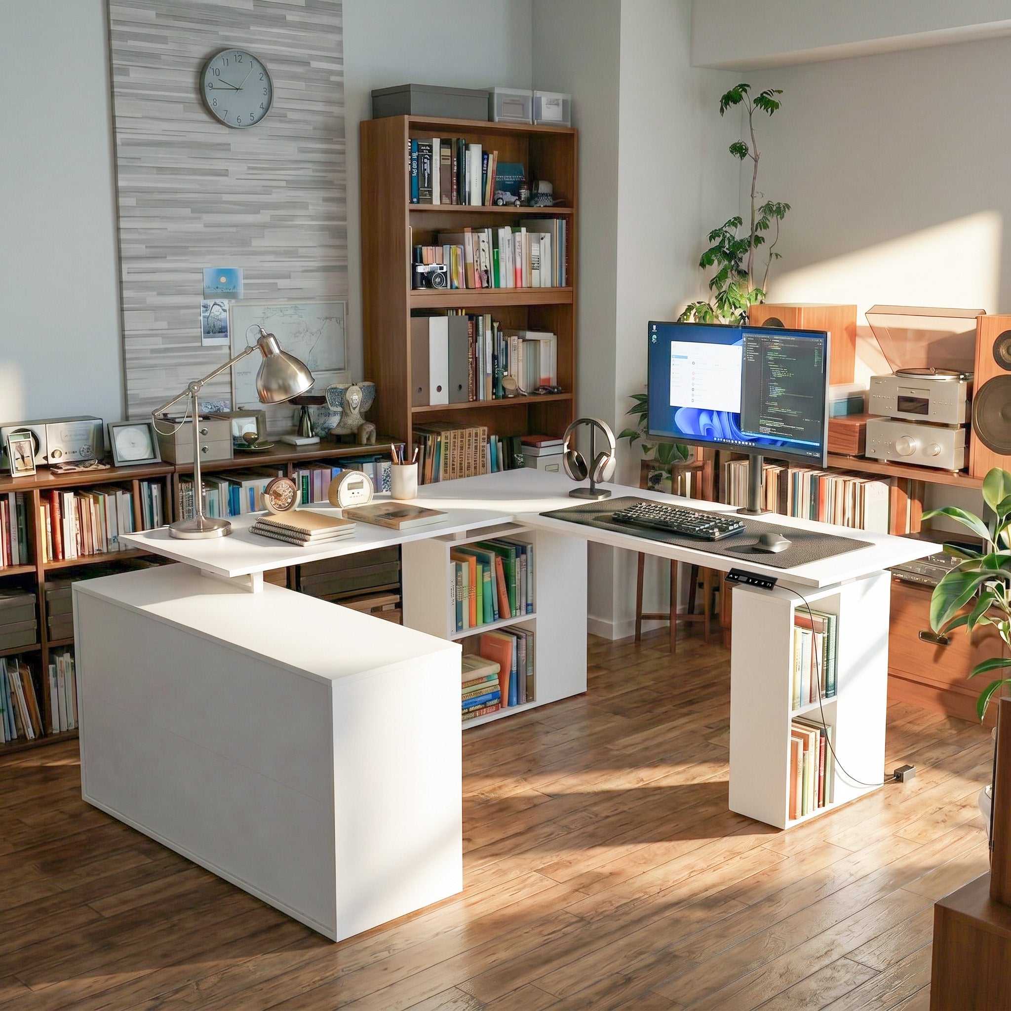63 inches Modern White U-shaped Standing Desk With Memory Preset Controller