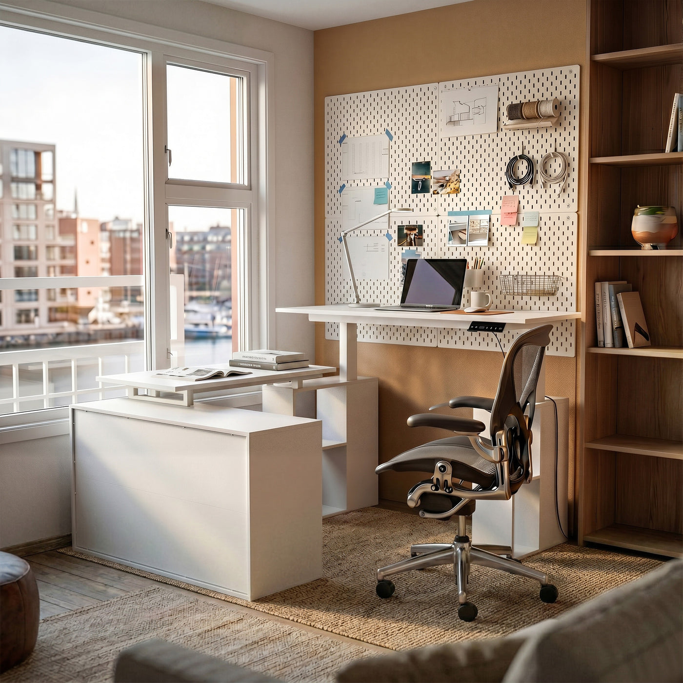 63" Modern White U-Shaped Standing Desk with 3 Memory Presets, Drawer and Open Storage