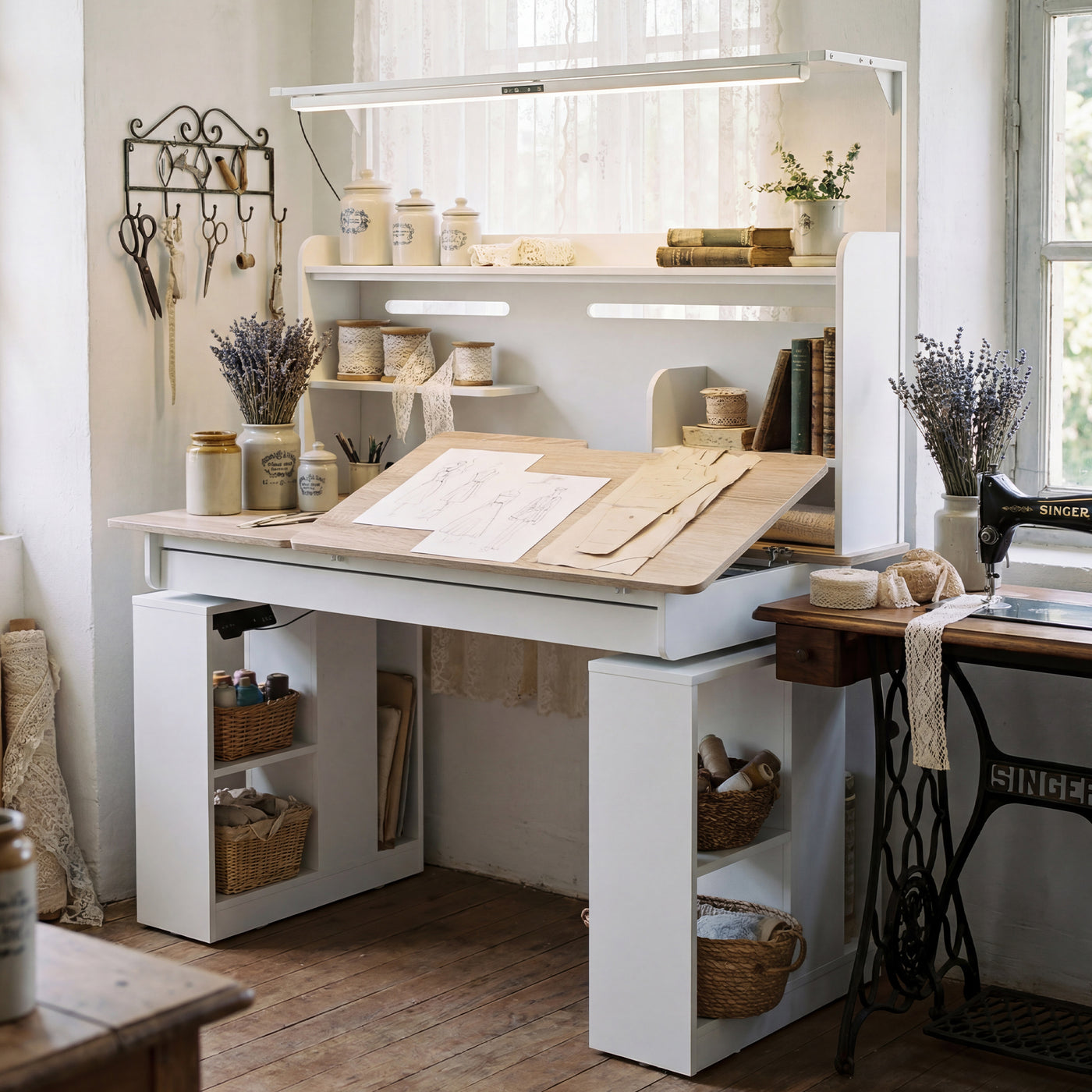 55.1" White Wood Electric Height Adjustable Sewing Table with LED Light and Storage Hutch