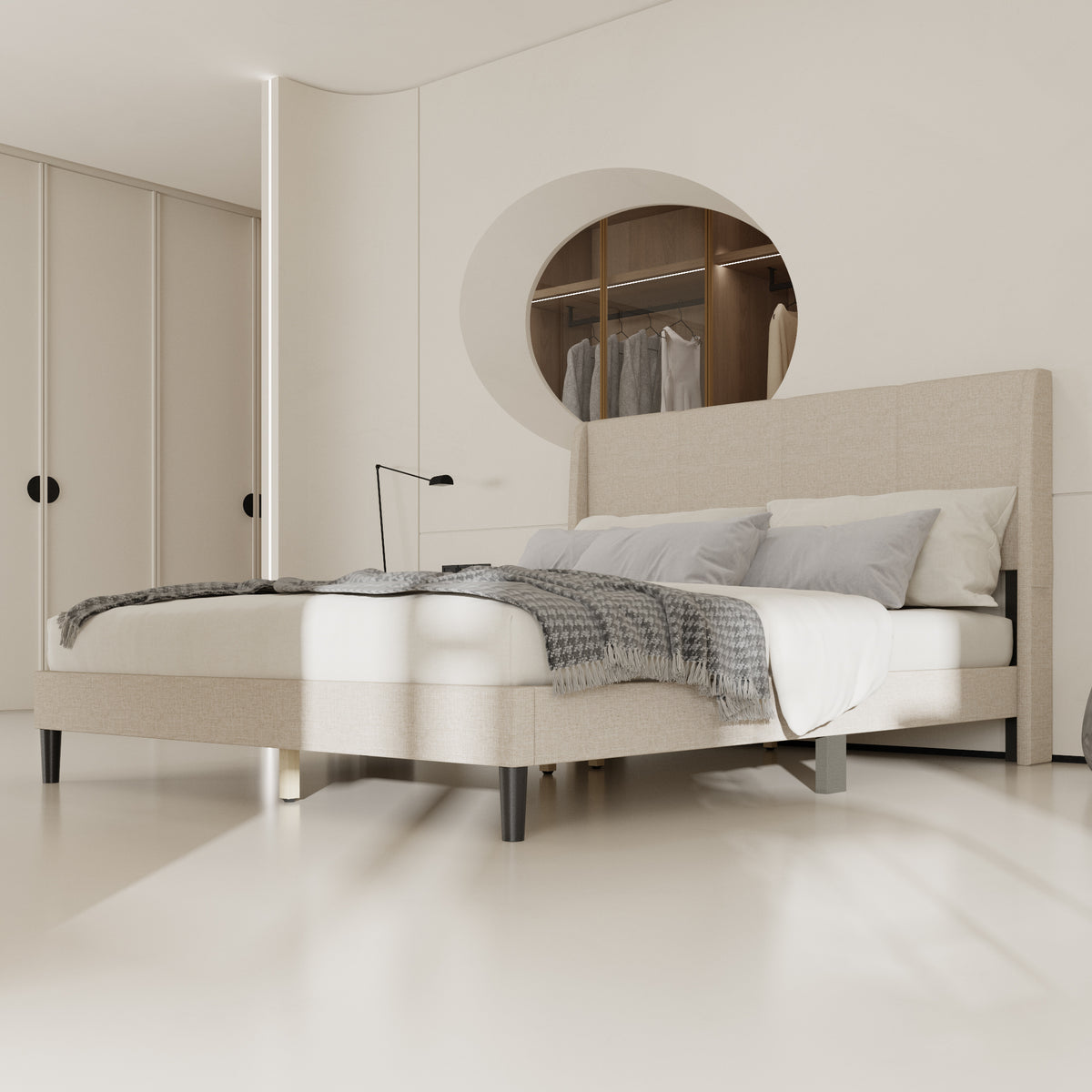62.6" Modern Beige Platform Bed with Upholstered Headboard