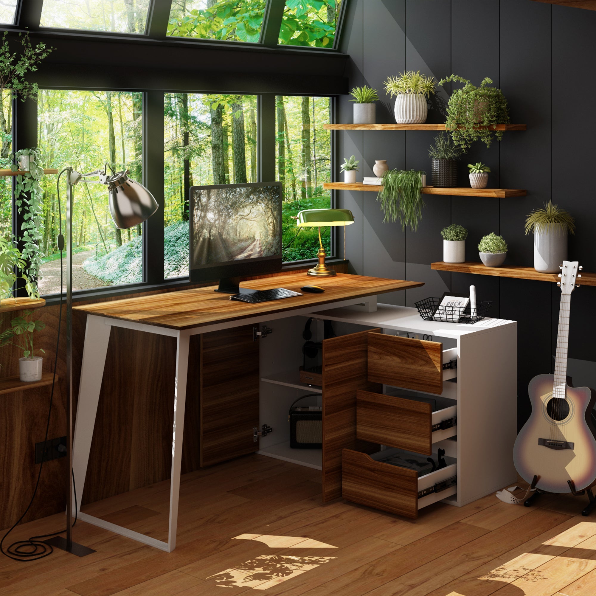 L-Shaped Corner Computer Desk with Drawers Brown Wood Grain