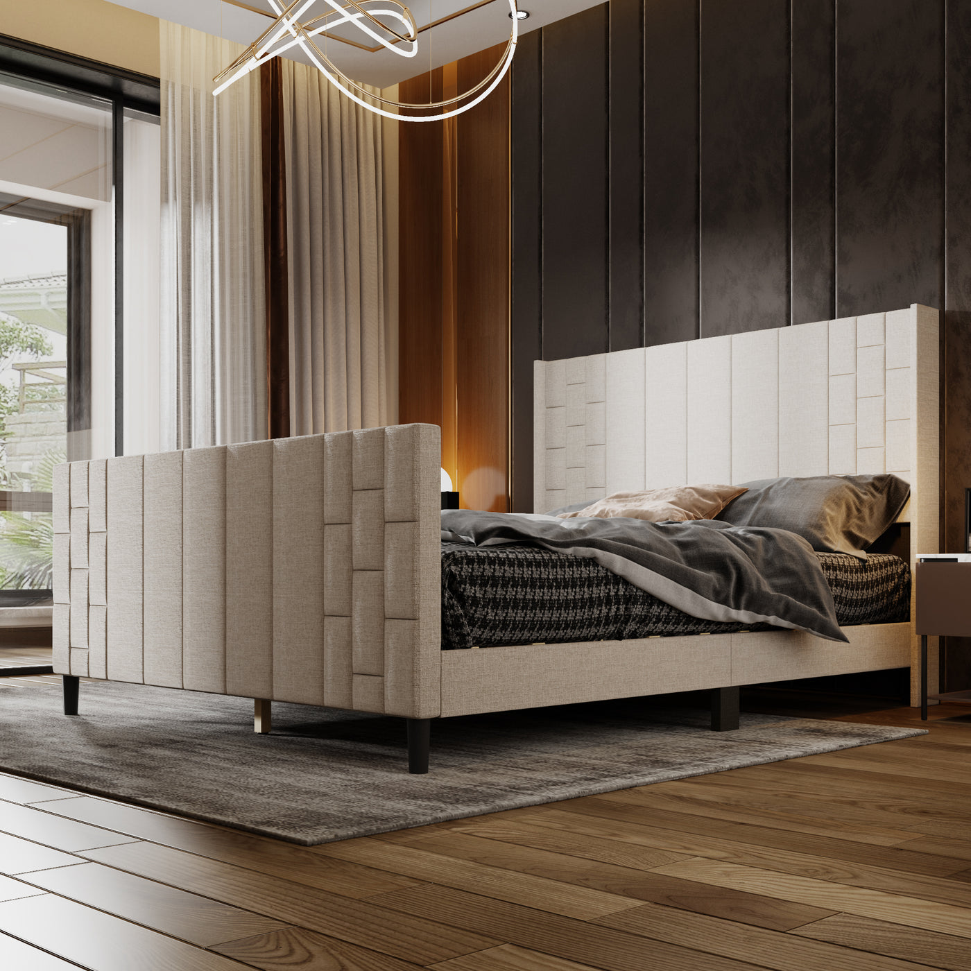 61.8" Modern Beige Platform Bed with USB Ports