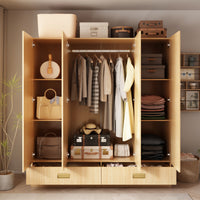 Wooden wardrobe with clothes, bags, and suitcases inside a room.