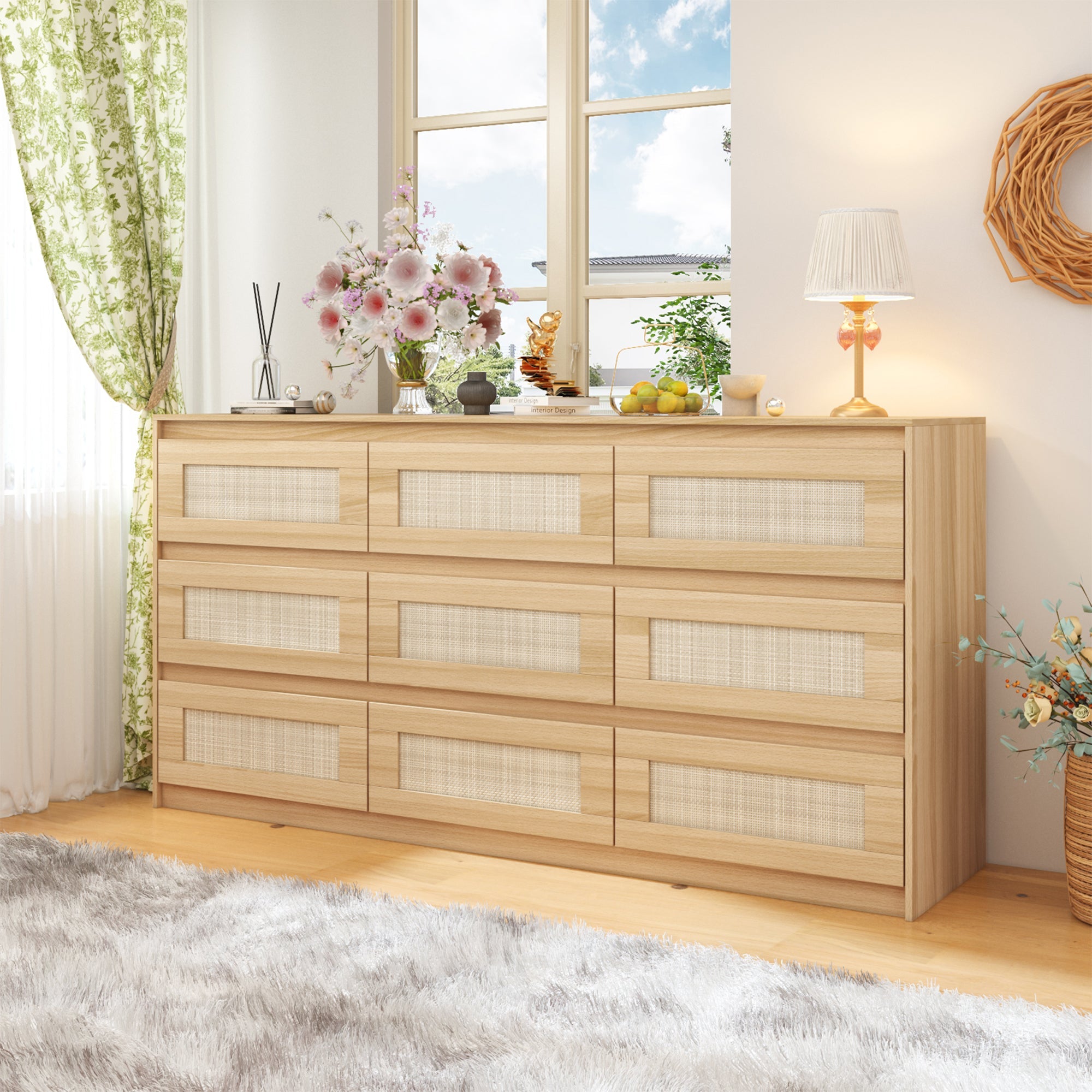 62.9" Wide 9 Drawers Medium Wood Dresser