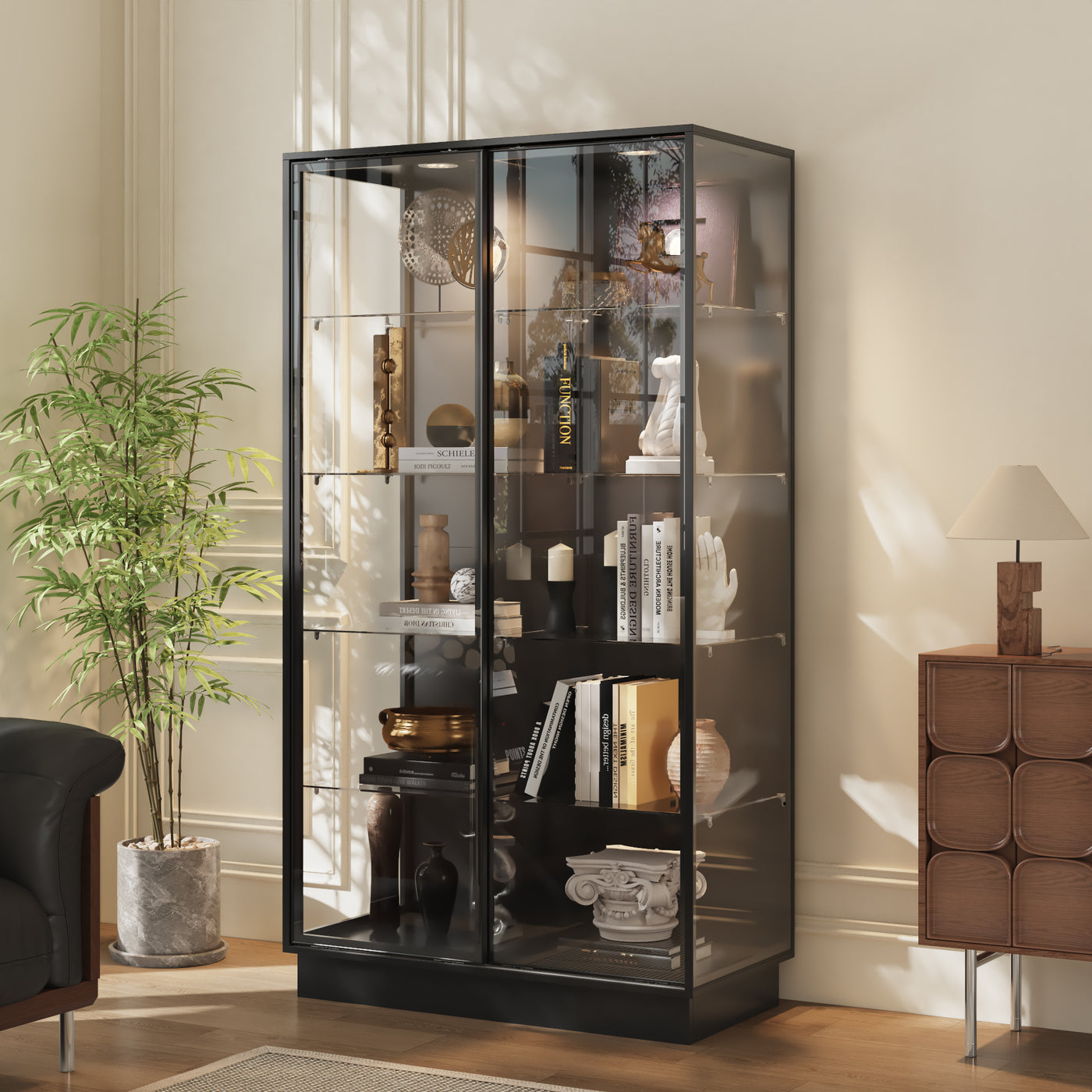 39.4" Modern Black 5-Tier Curio Cabinet with Sliding Glass Doors and LED Lights