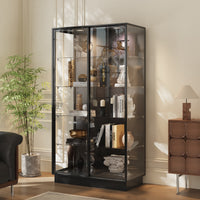 39.4" Modern Black 5-Tier Curio Cabinet with Sliding Glass Doors and LED Lights