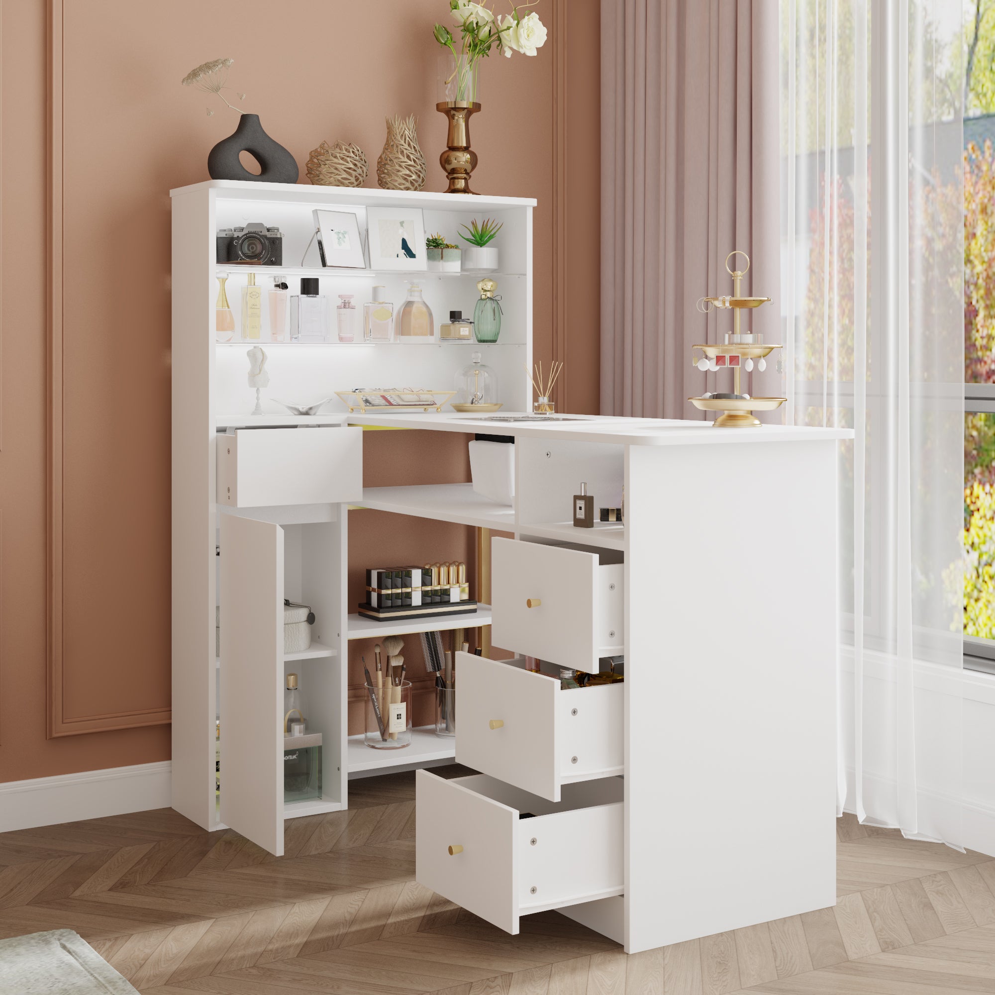 L-Shaped Manicure Nail Table Station With Electric Dust Collector