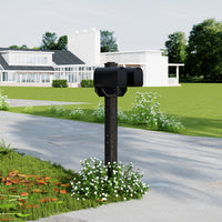 Black mailbox on a post in front of a modern house with greenery