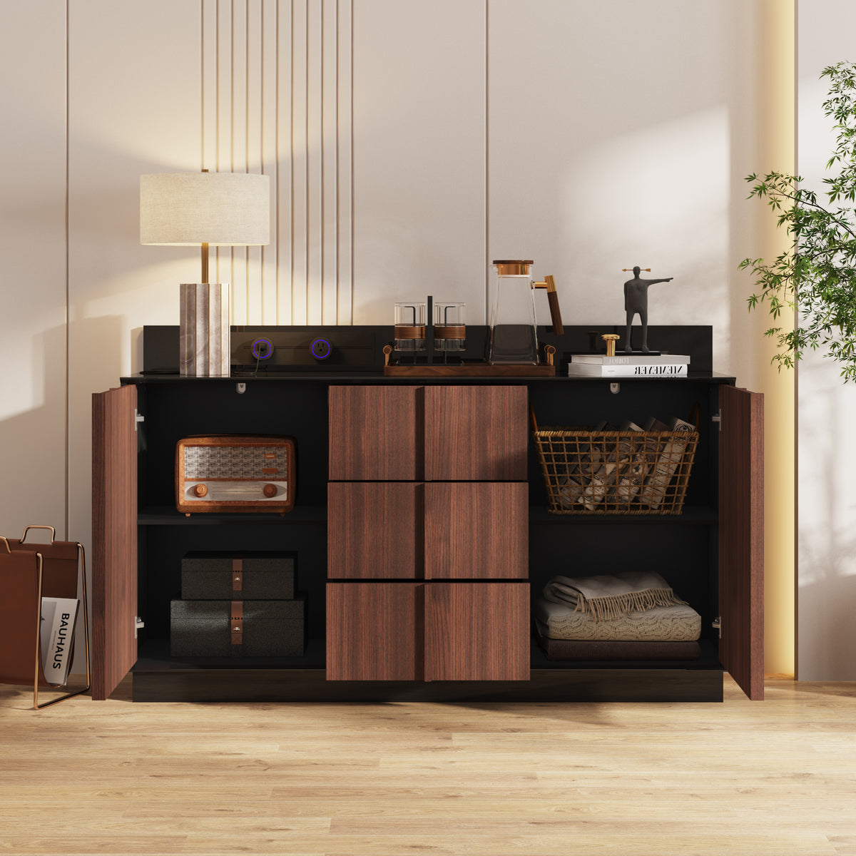 59.1" Modern Brown Sideboard Buffet with Integrated Track Socket & 3 Drawers