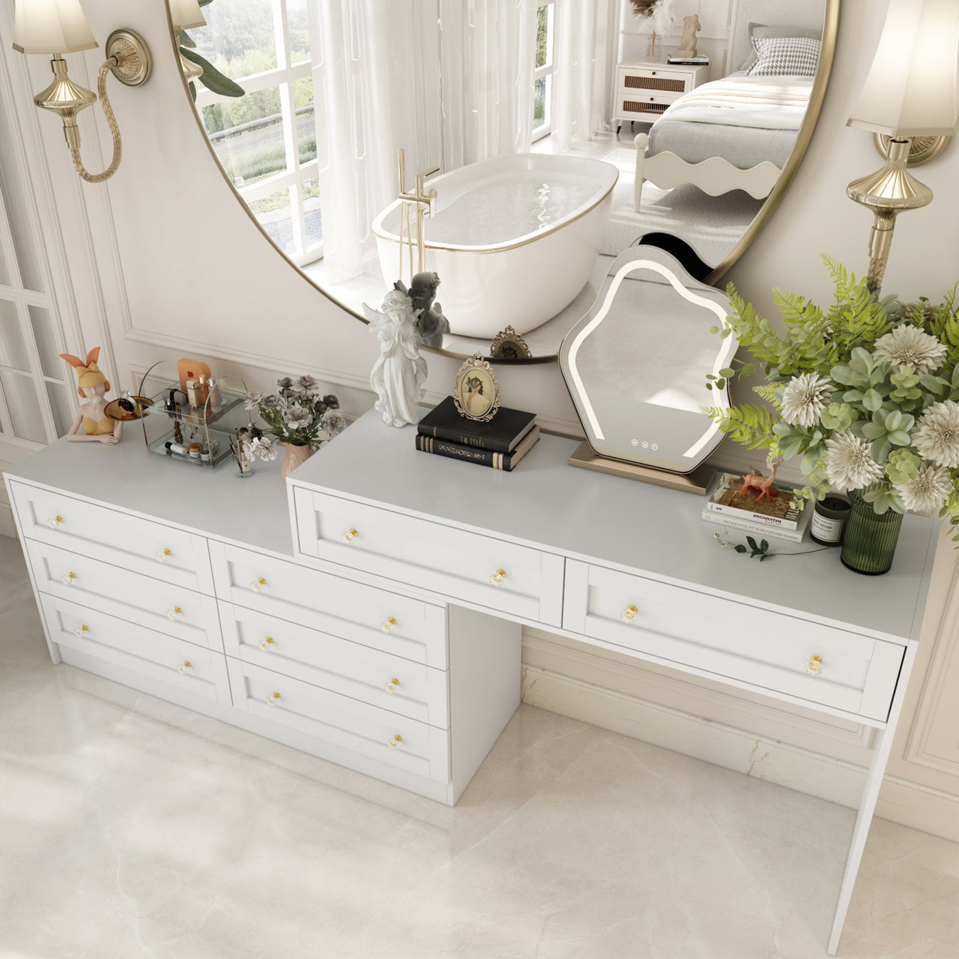 95" Modern Glam White Dresser and Vanity With Lights And Versatile Storage