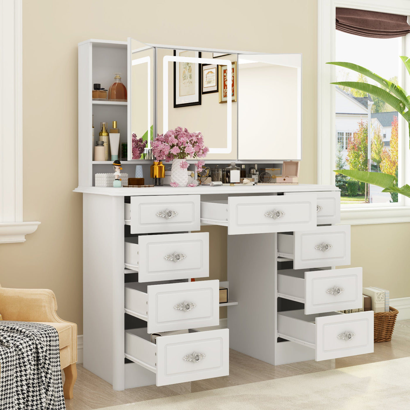 43.3" Modern Minimalist White Makeup Dressing Table with Drawers And Lamp