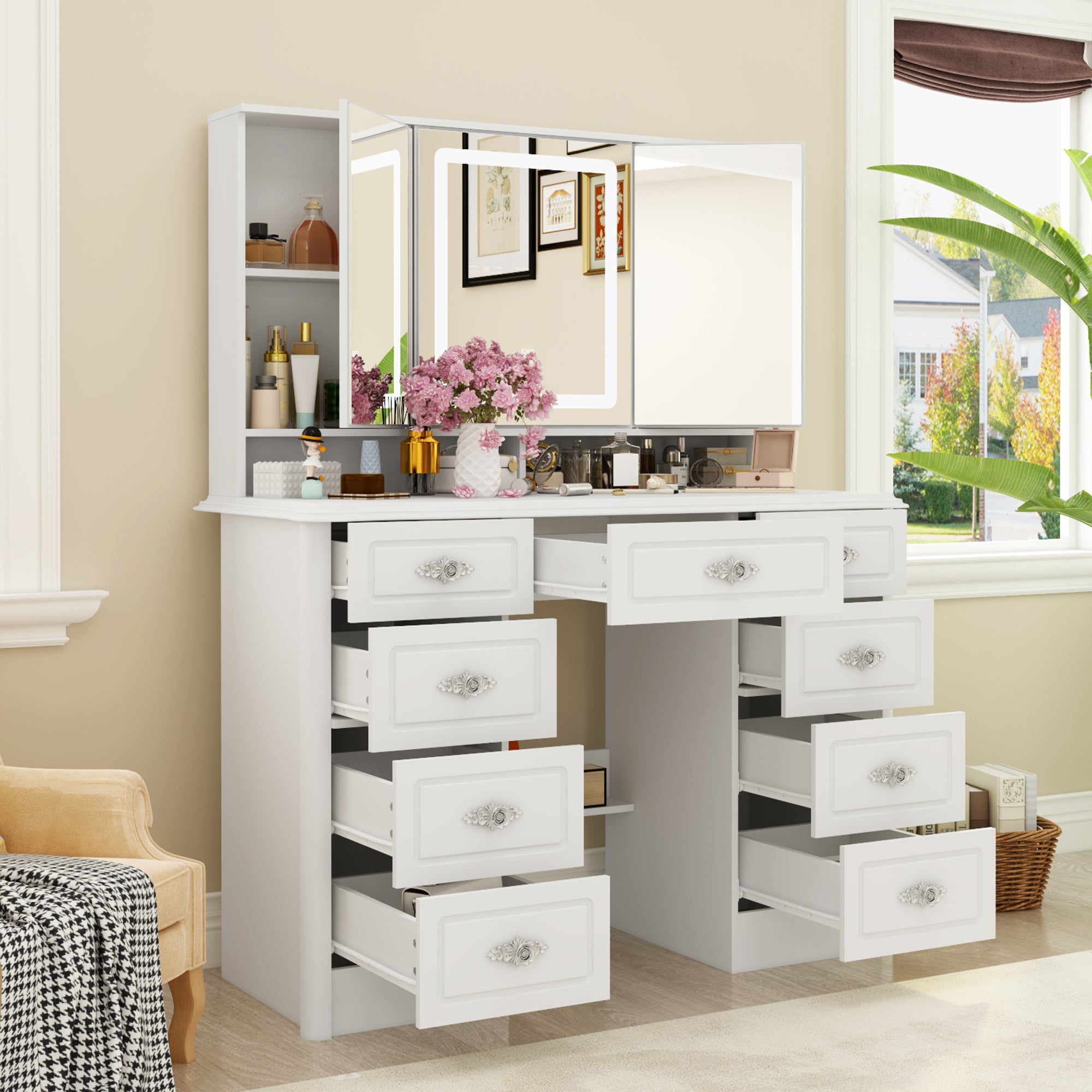 Home Makeup Dressing Table with Drawers & Lamp