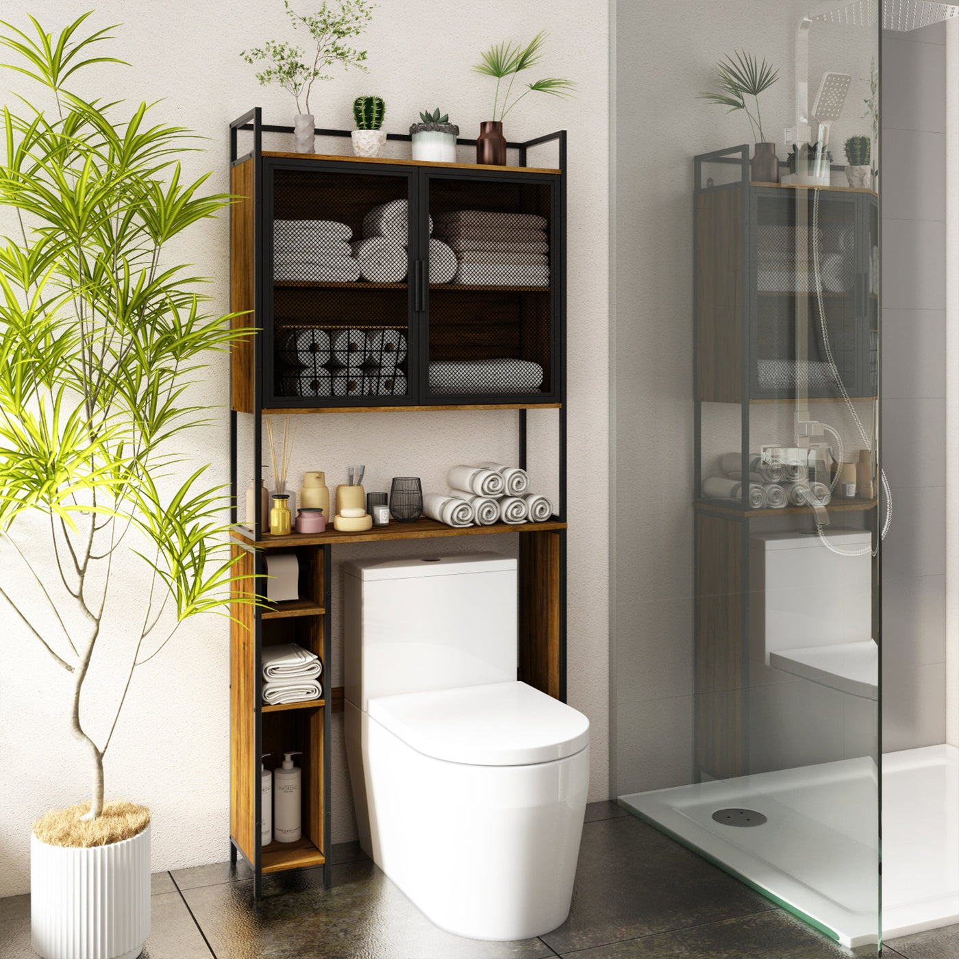 31.5" Industrial Brown Toilet Storage with Mesh Doors