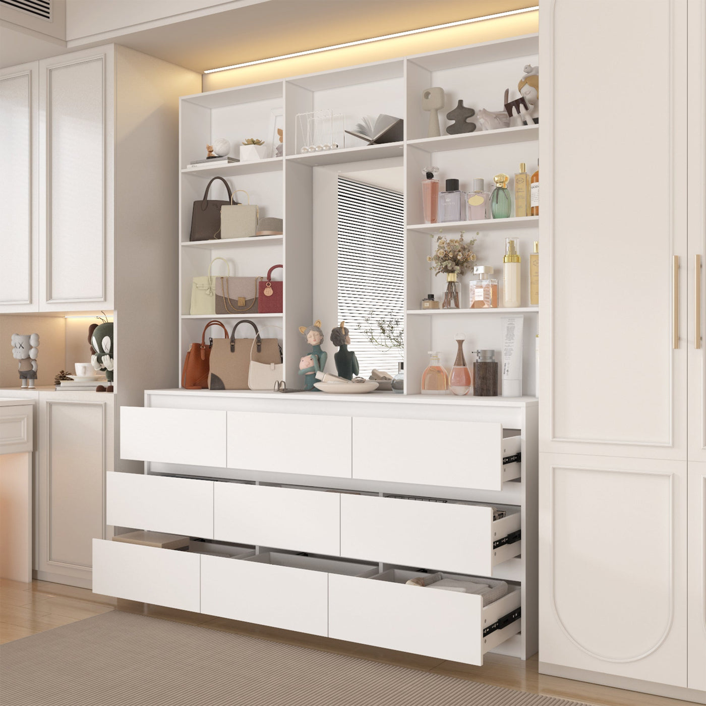 63" Modern Minimalist White Closet System With 9 Drawers And Central Mirror