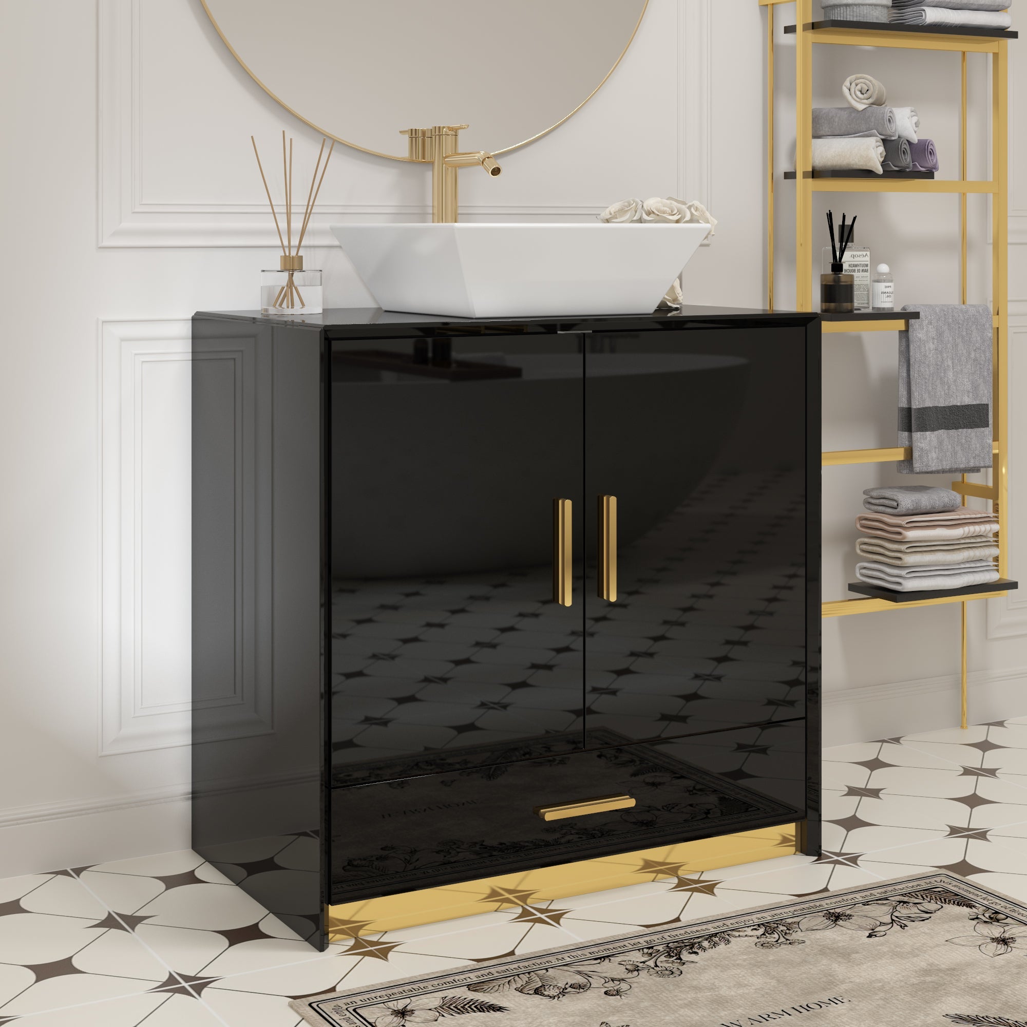 Black High Gloss Bathroom Vanity With Ceramic Sink