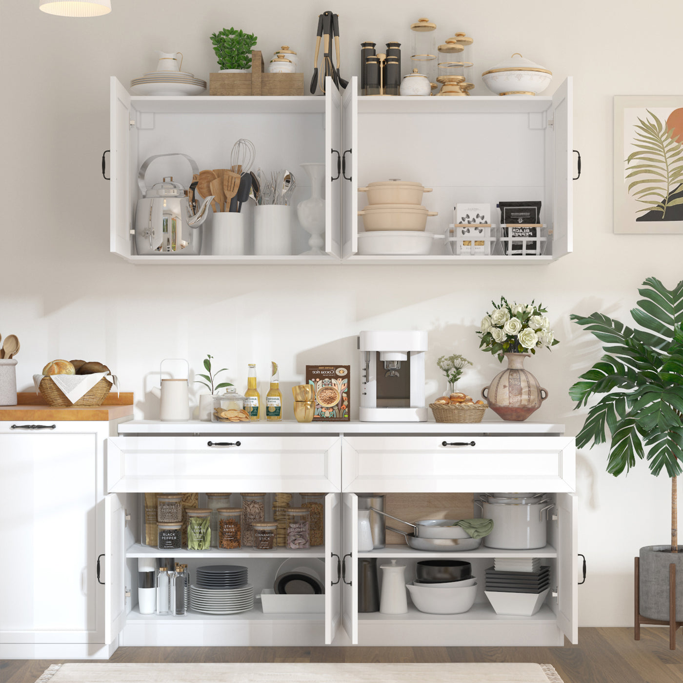 63" Modern White Kitchen Pantry Cabinet with 8 Doors, 2 Drawers & Large Central Worktop