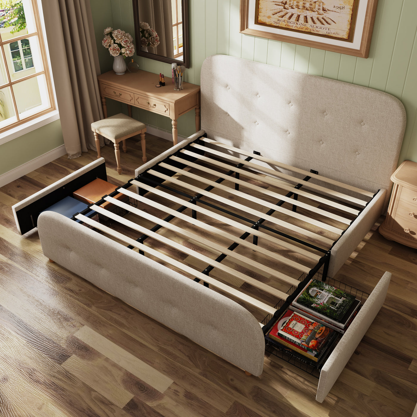 King Size Beige Upholstered Bed with Storage Drawers & Linen Headboard