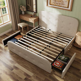 King Size Beige Upholstered Bed with Storage Drawers & Linen Headboard