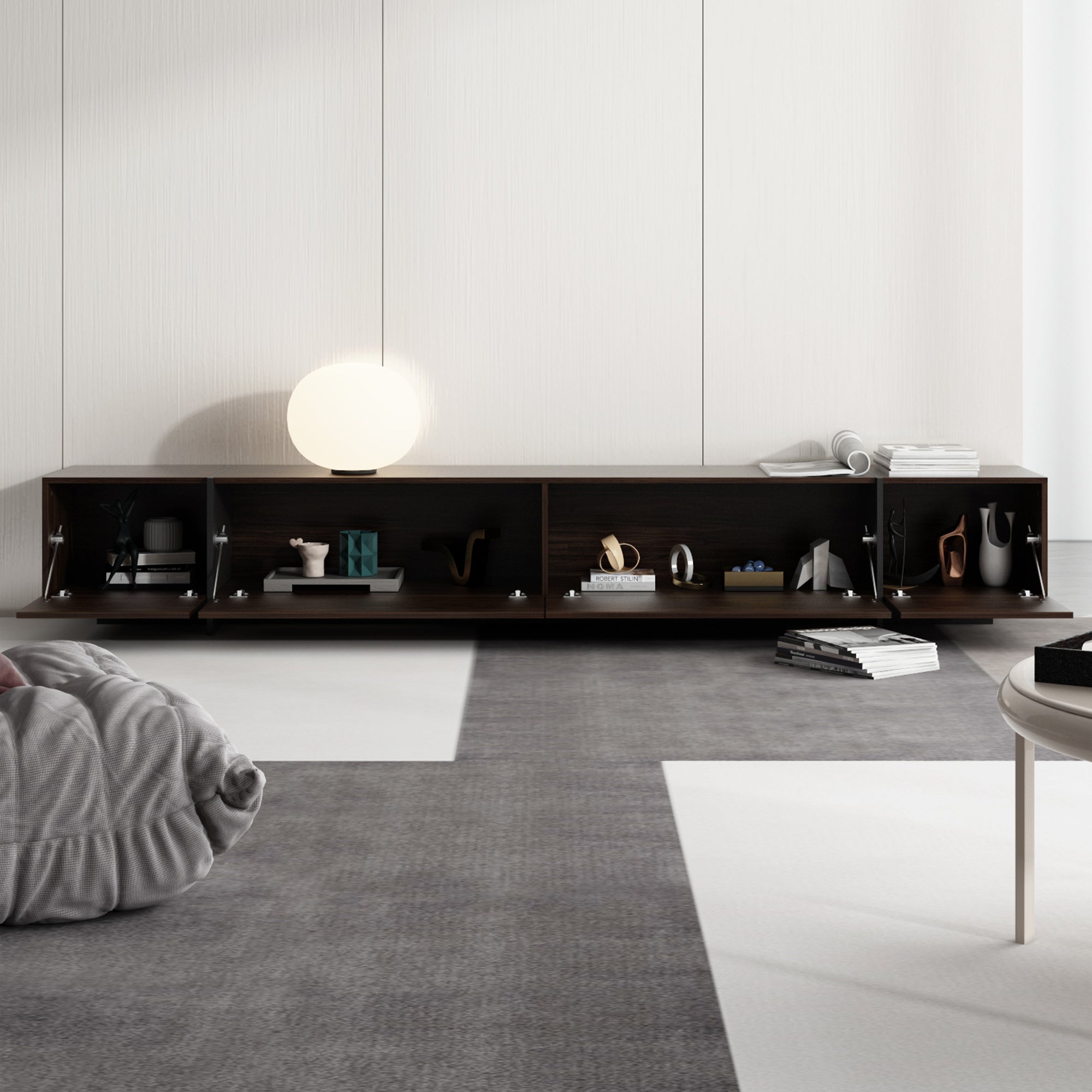 Four-door Wood Grain-color Entertainment Center with Pull-Down Doors - 95.7"W