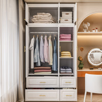 47.2" Modern 3-Door Wardrobe with Top Cabinet, Aluminum Hanging Rod and 4 Drawers