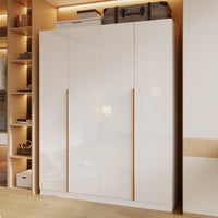 63" White High Gloss Engineered Wood 4-Door Bedroom Wardrobe with Long Gold Handles & Multi-Zone Clothing Storage