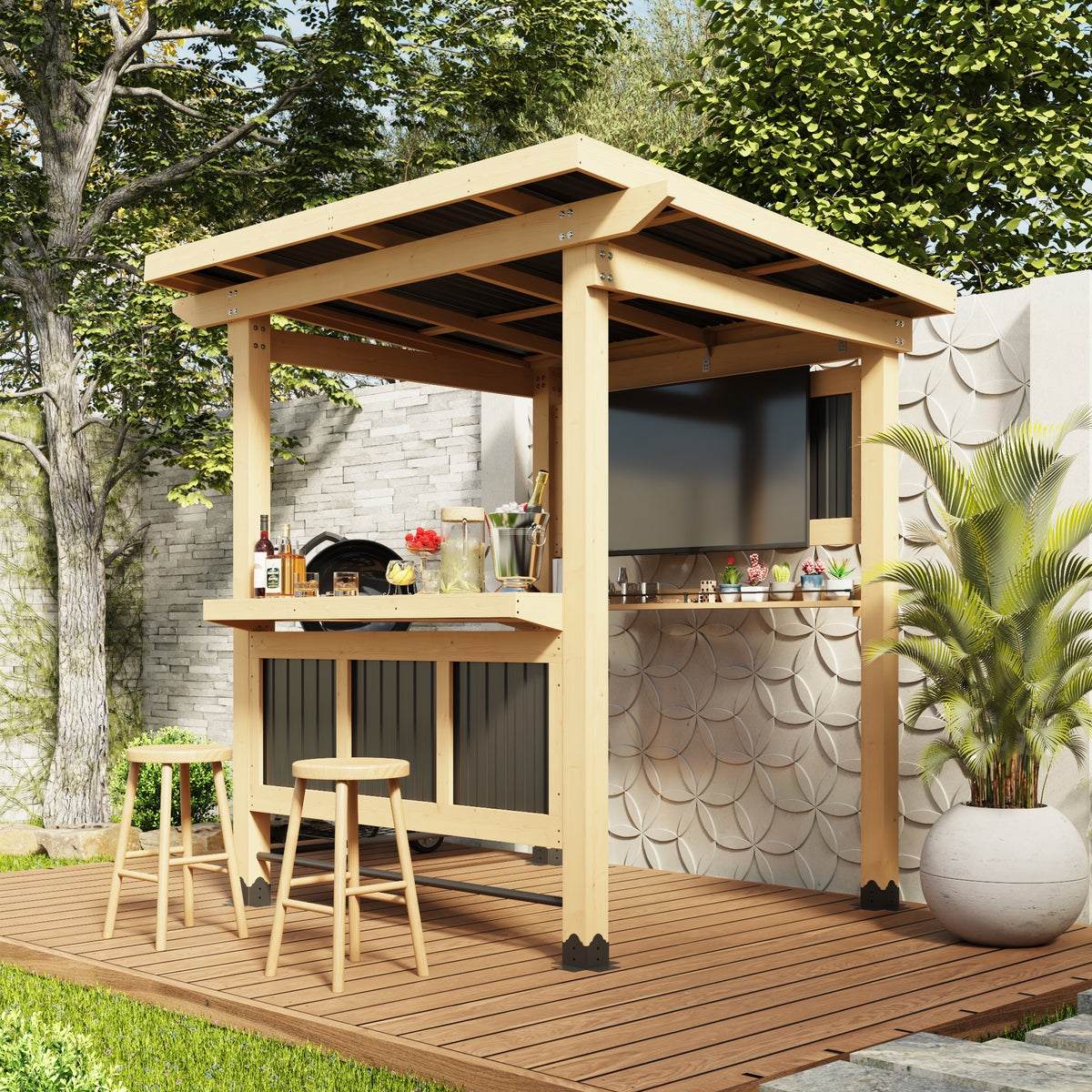 Wooden pergola with outdoor kitchen setup on a deck