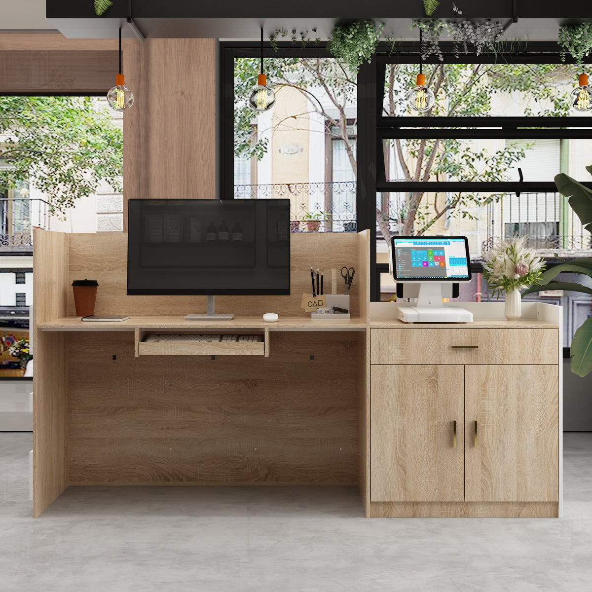 87.2" Modern Minimalist Natural Reception Desk With Drawer And Keyboard Tray