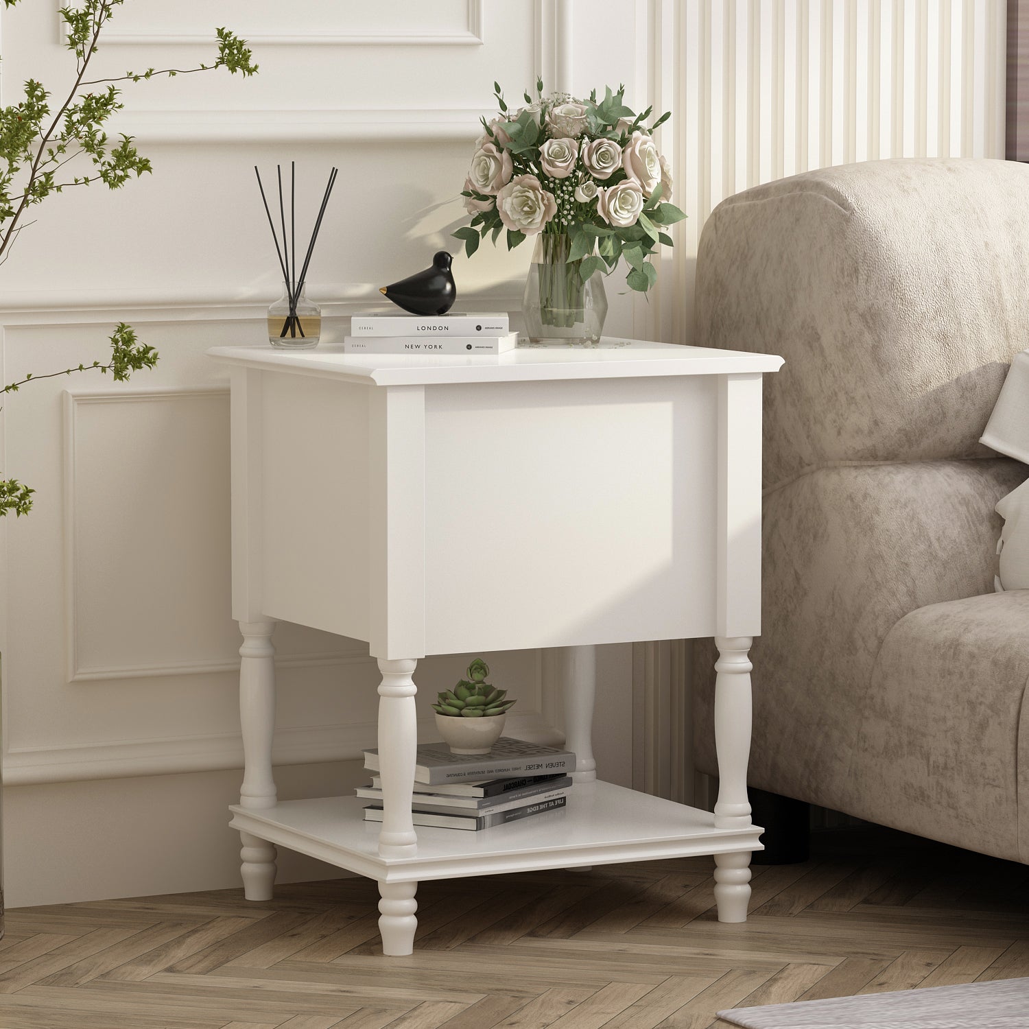 End Table Side Table Bedroom Night Stand Bedside Embossed Table with 2 Drawers & Open Shelf