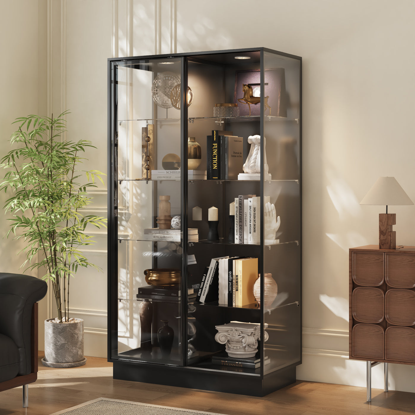 39.4" Modern Black 5-Tier Curio Cabinet with Sliding Glass Doors and LED Lights