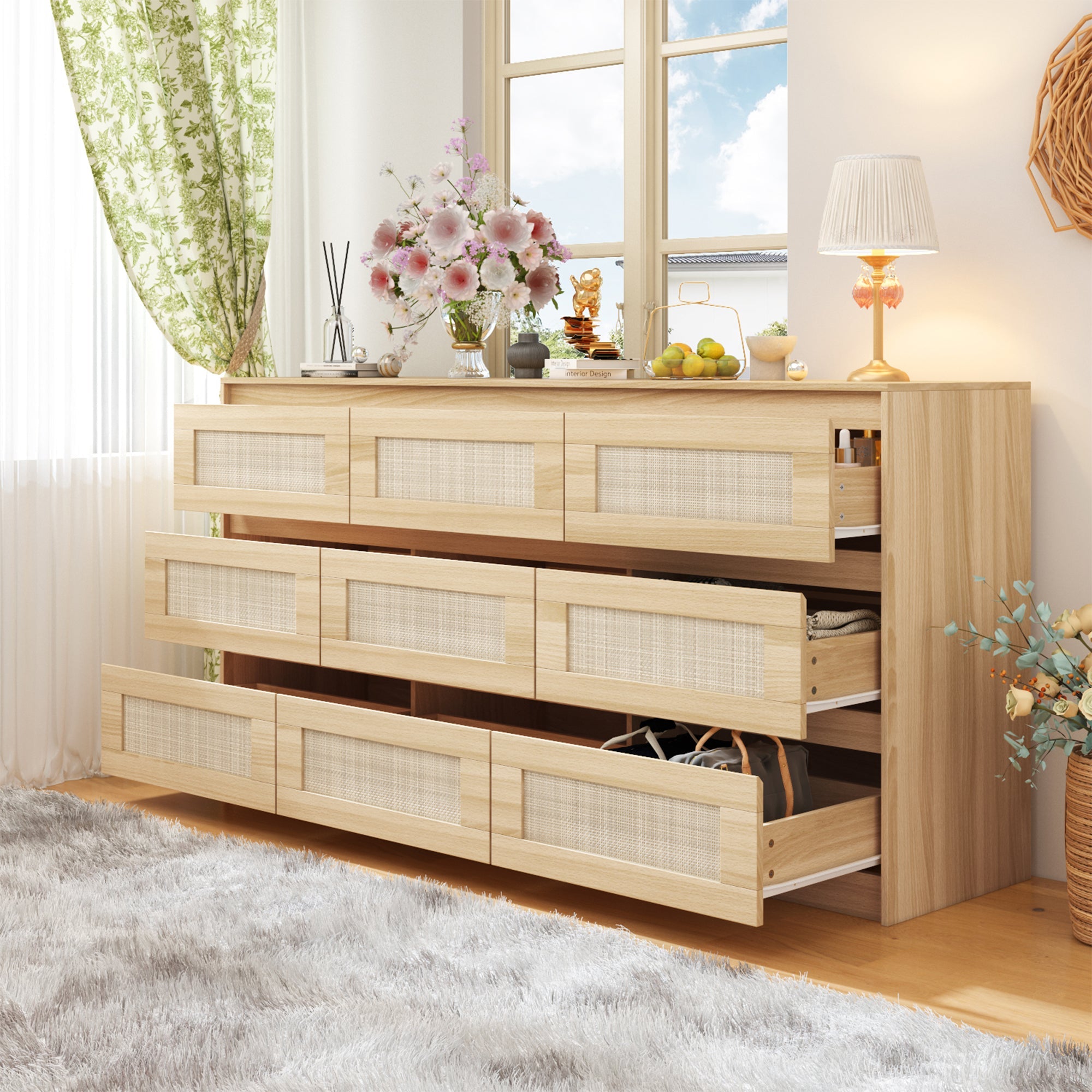 62.9" Wide 9 Drawers Medium Wood Dresser