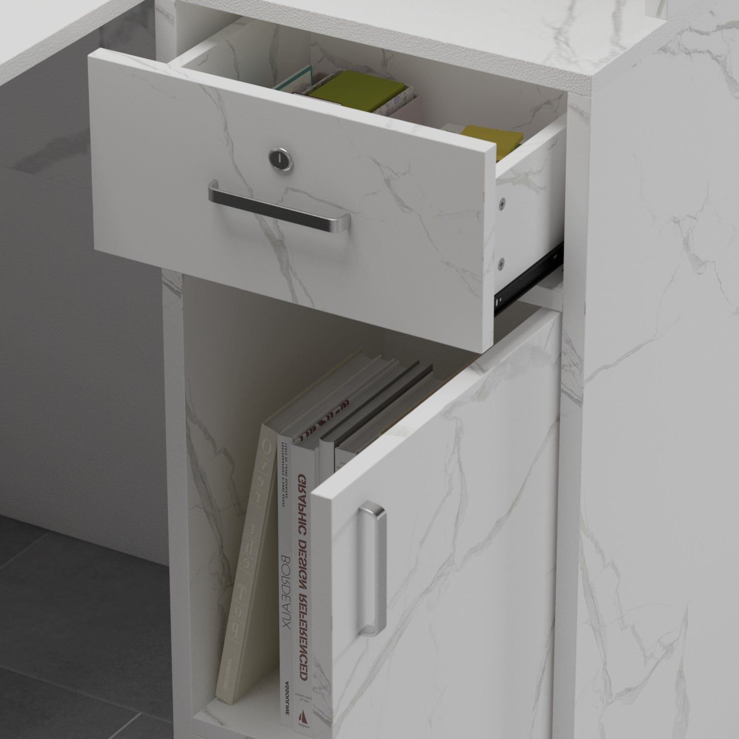 L-Shaped Reception Desk with Large Storage Filing Cabinets