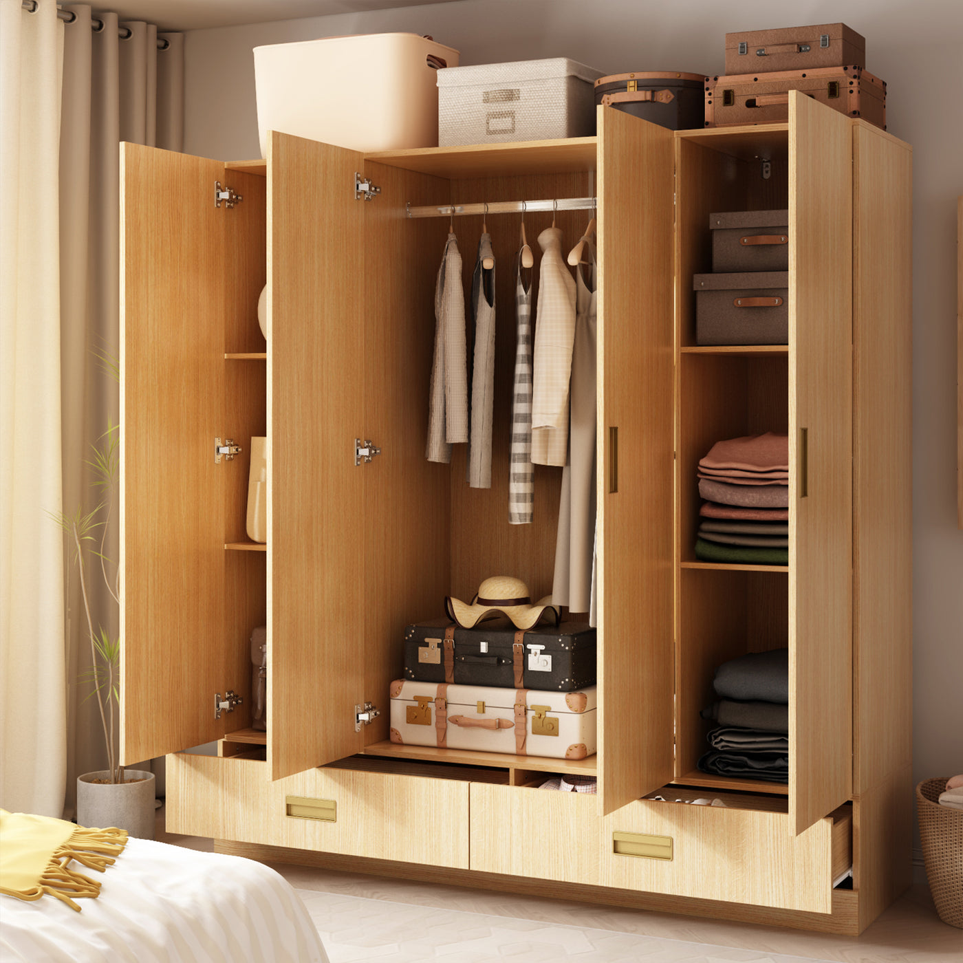 Wooden wardrobe with clothes, bags, and boxes inside a bedroom setting.