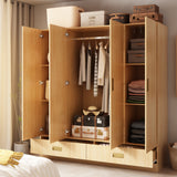 Wooden wardrobe with clothes, bags, and boxes inside a bedroom setting.