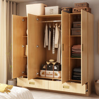 Wooden wardrobe with clothes, bags, and boxes inside a bedroom setting.