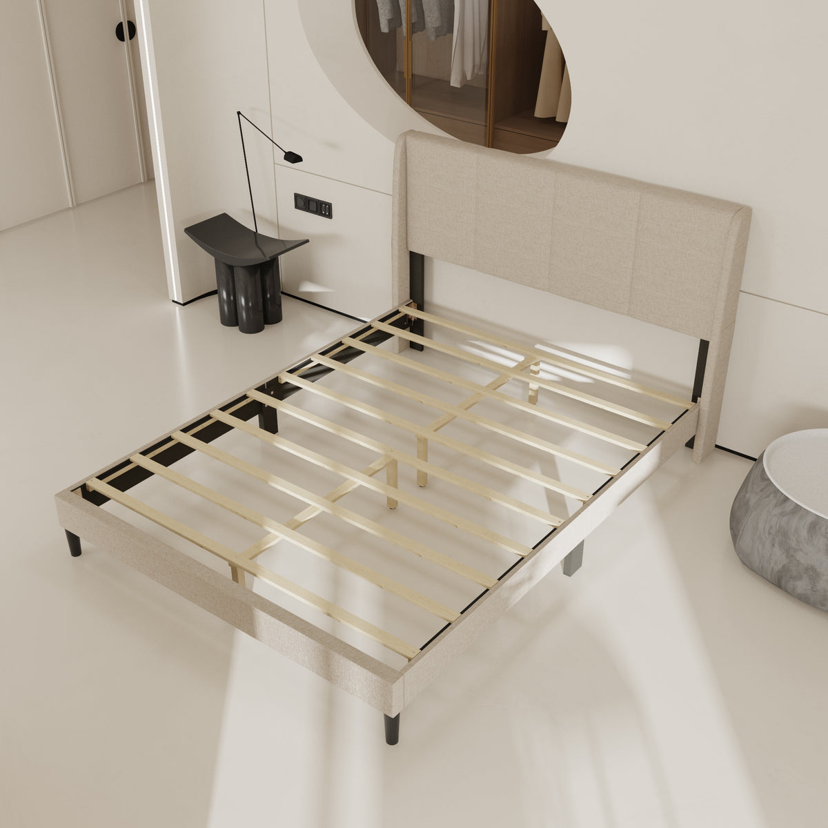 62.6" Modern Beige Platform Bed with Upholstered Headboard