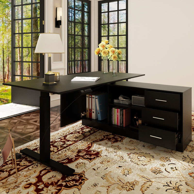 63 inches Modern Minimalist White Standing Desk With 3 Drawers, 2 Exterior Shelves, Electric Lift