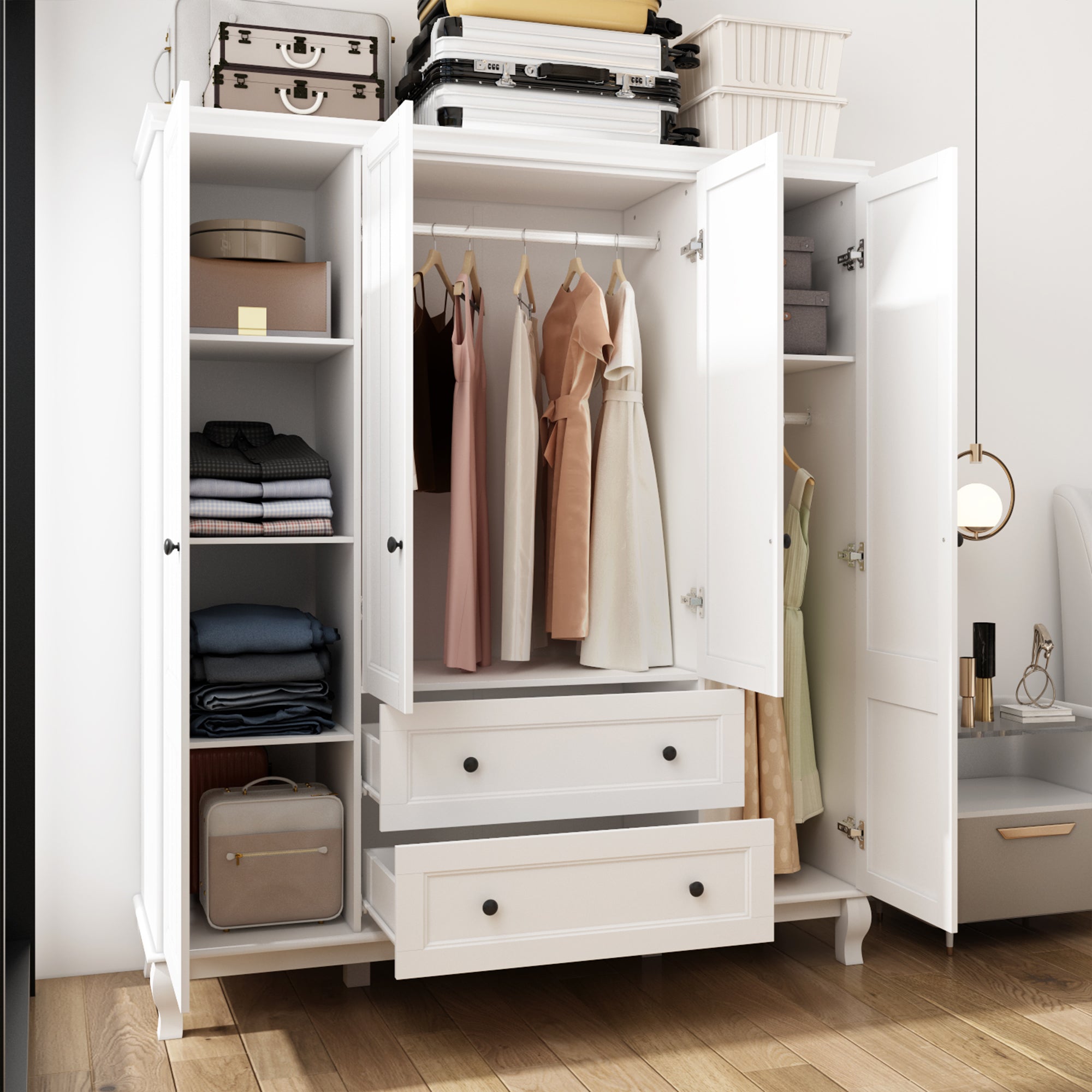 63 inches Modern Minimalist White Wardrobe Armoire with Storage Shelves and Drawers for Bedroom