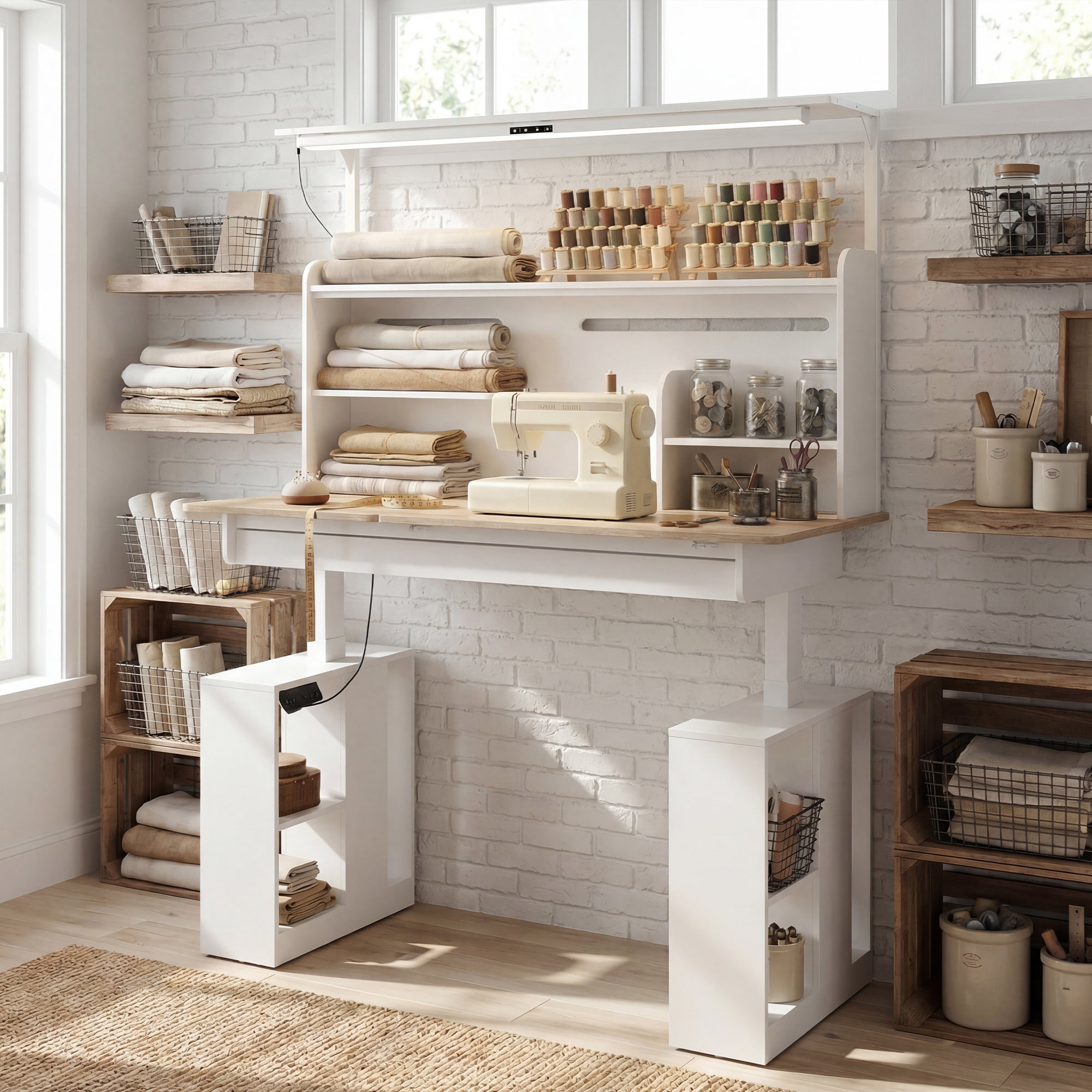 55.1" White Wood Electric Height Adjustable Sewing Table with LED Light and Storage Hutch