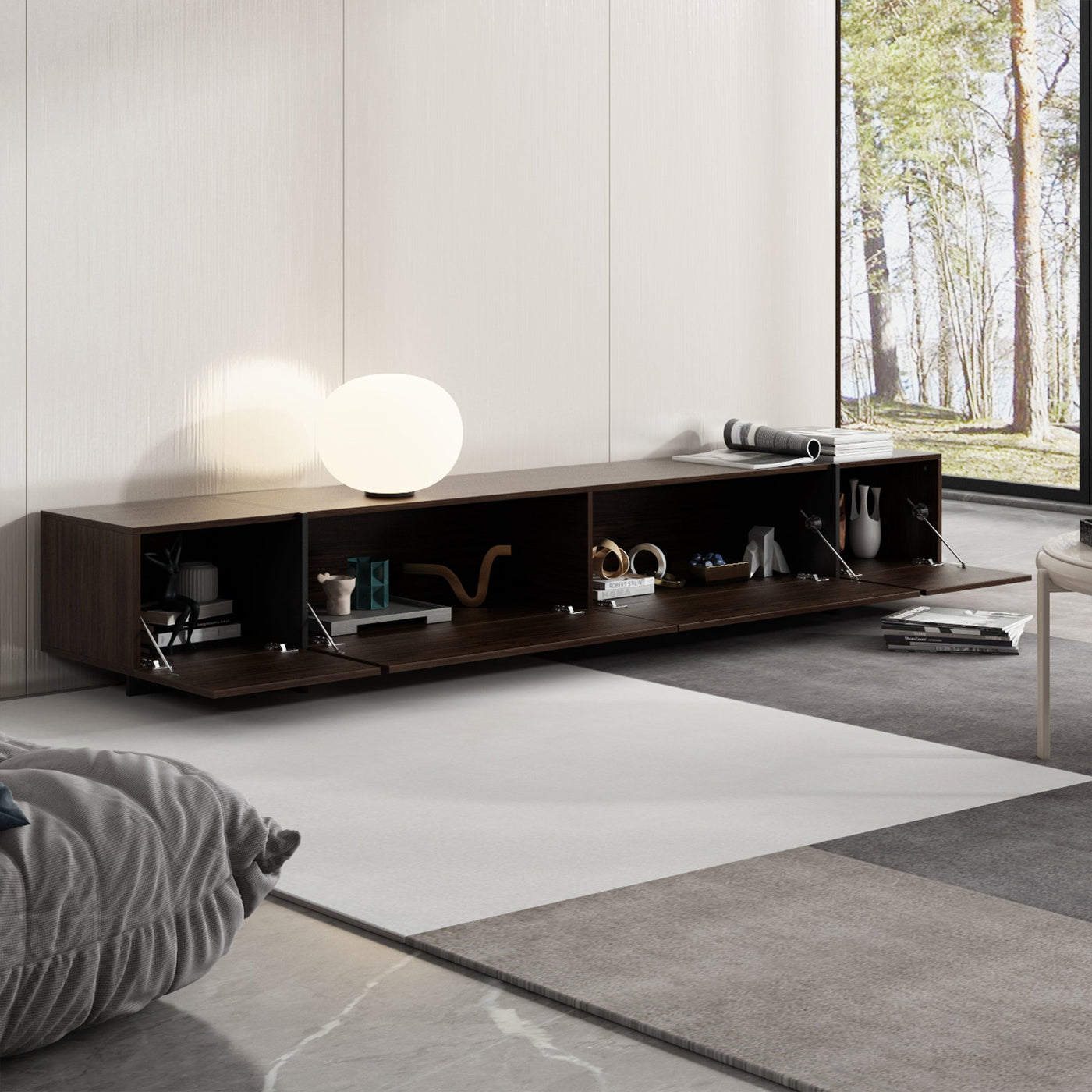 95.7" Modern Rustic Dark Brown Entertainment Center with 4 Pull-Down Doors
