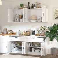 63" Modern White Kitchen Pantry Cabinet with 8 Doors, 2 Drawers & Large Central Worktop