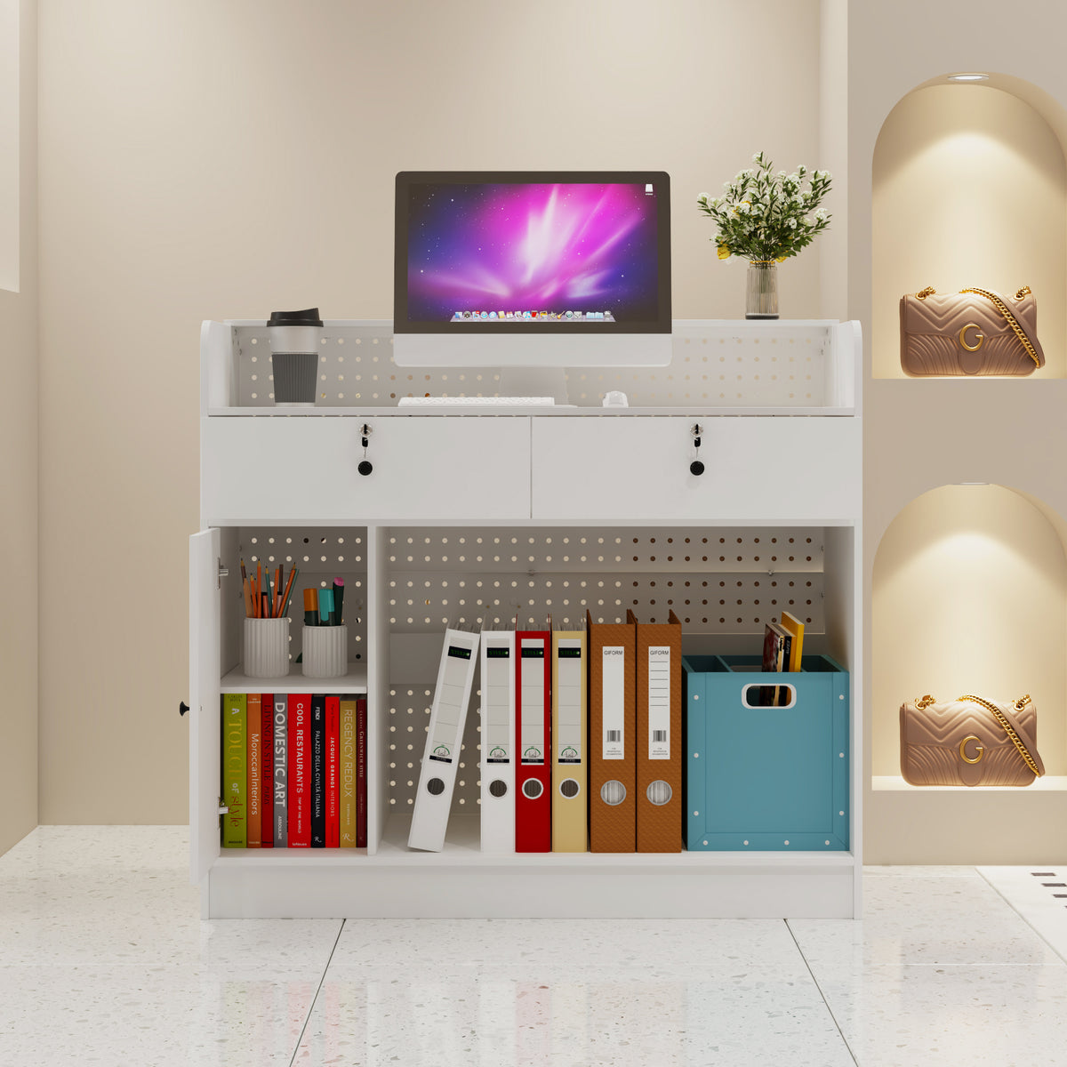 47.2 inches White Reception Desk with Metal Pegboard, Locking Drawers and Large Storage