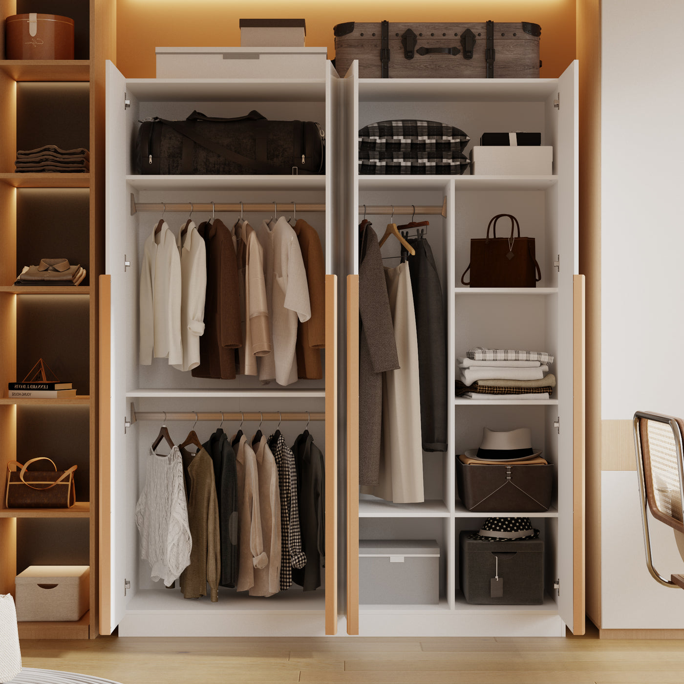 63" White High Gloss Engineered Wood 4-Door Bedroom Wardrobe with Long Gold Handles & Multi-Zone Clothing Storage