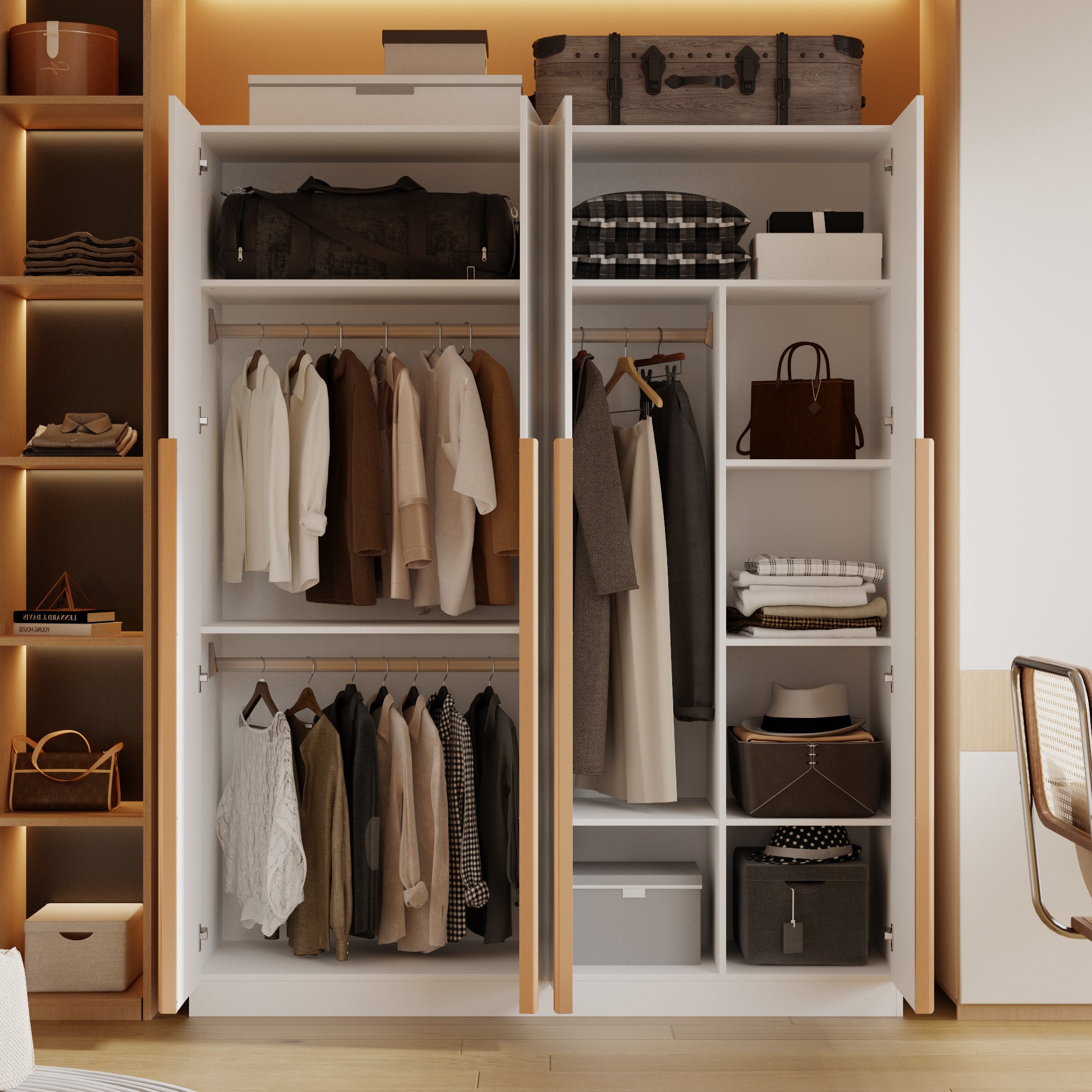 63" White High Gloss Engineered Wood 4-Door Bedroom Wardrobe with Long Gold Handles & Multi-Zone Clothing Storage