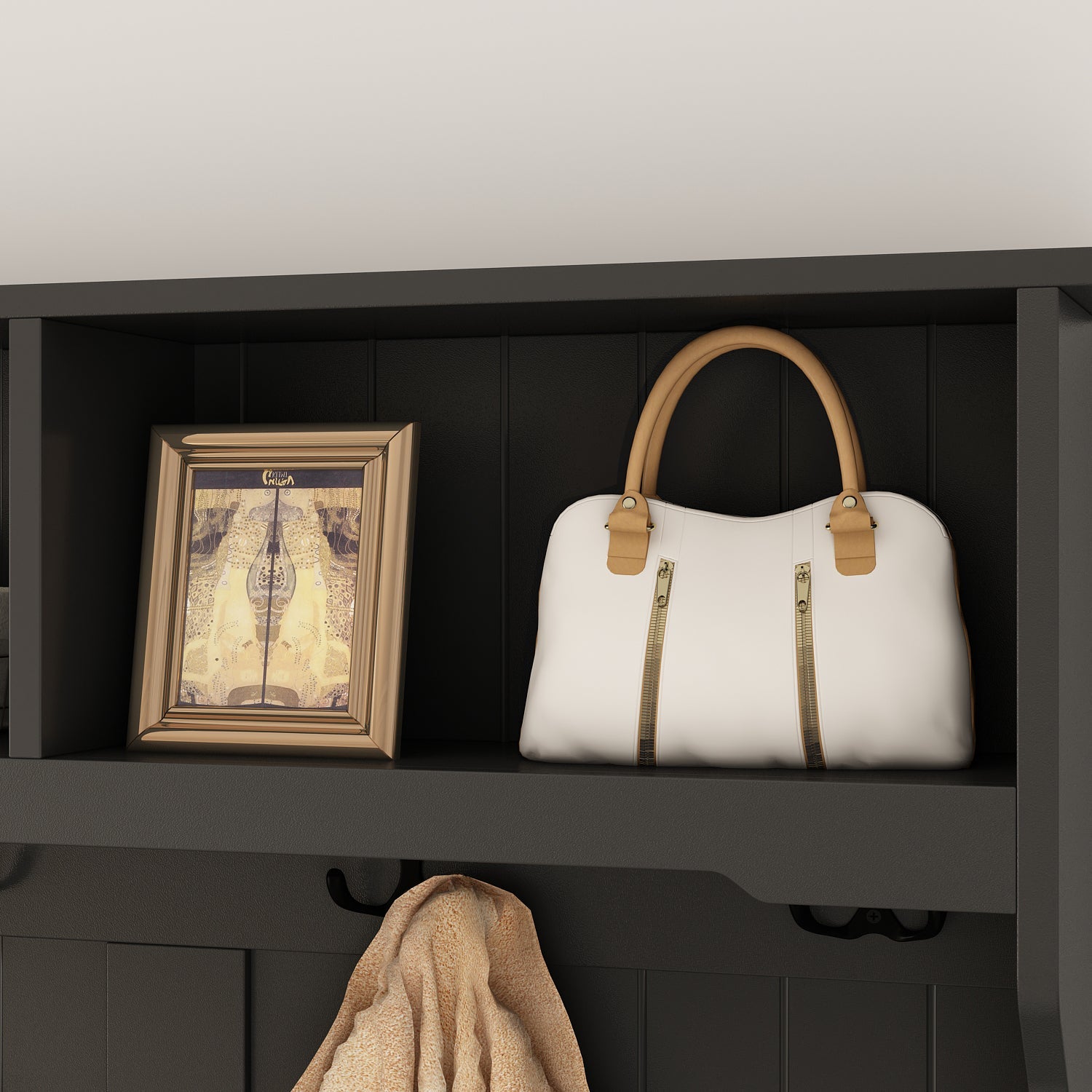 Modern Hall Tree with Storage Bench, 4-in-1 Entryway Bench with Coat Rack, Tall Hall Tree with 4 Metal Double Hooks, Shelves & 2 Drawers for Hallway, Living Room